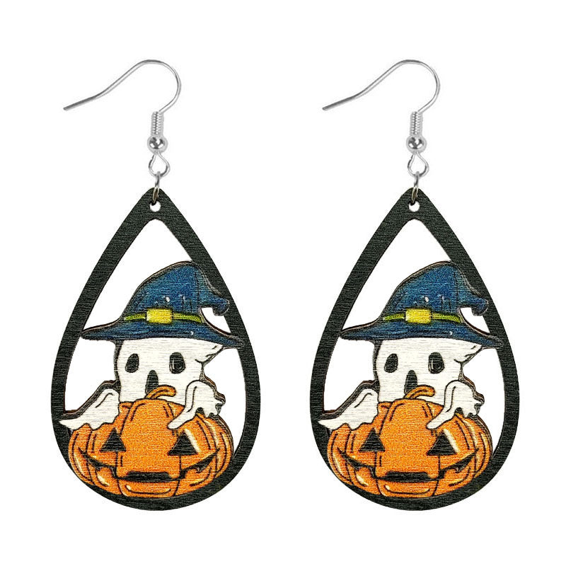 Wholesale Halloween Water Drop Ghost Skull Print Pendant Wooden Earrings